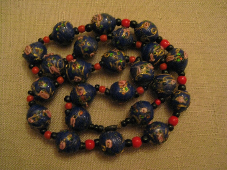 WEDDING CAKE Beaded Necklace Venetian MURANO Glass Navy Blue Colored Bead With Roses Necklace 1930/'s Vintage
