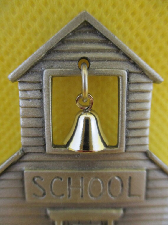 JJ SIGNED SCHOOL House Brooch W Moving Bell Pewte… - image 4