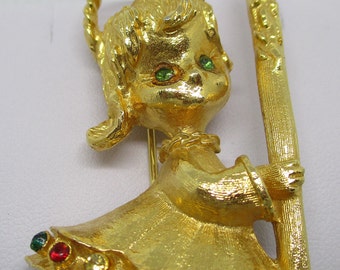 Spilla vintage a forma di angelo Mylu: spilla a forma di candela con strass color oro, anni '80