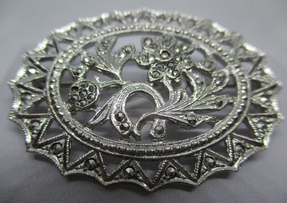 Sterling Silver Marcasite Brooch Art Nouveau 1930… - image 6