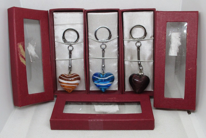 MURANO GLASS Keyrings Murano Glass Heart Keychains Murano Glass Swirled Glass Puffed Heart Keyrings In Original Giftbox Silver Tone Metal image 8