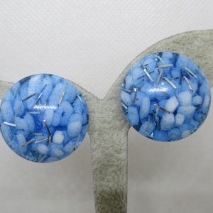 Vintage 1960s Confetti Earrings Lucite Earrings Blue Lucite White Designs & Metallic Silver Confetti Clip-On Earrings Never Worn Never Worn