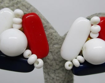 PATRIOTIC EARRINGS Glass Beads Red White Blue Oval Glass Beads Red White Blue Clip On Earrings Never Worn Clip On Earrings Vintage 1950&#39;s