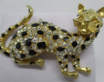 Broche Vintage Léopard - Or émail Noir Yeux Rubis Et Cristaux - Réf. 1806 - Très Bon état