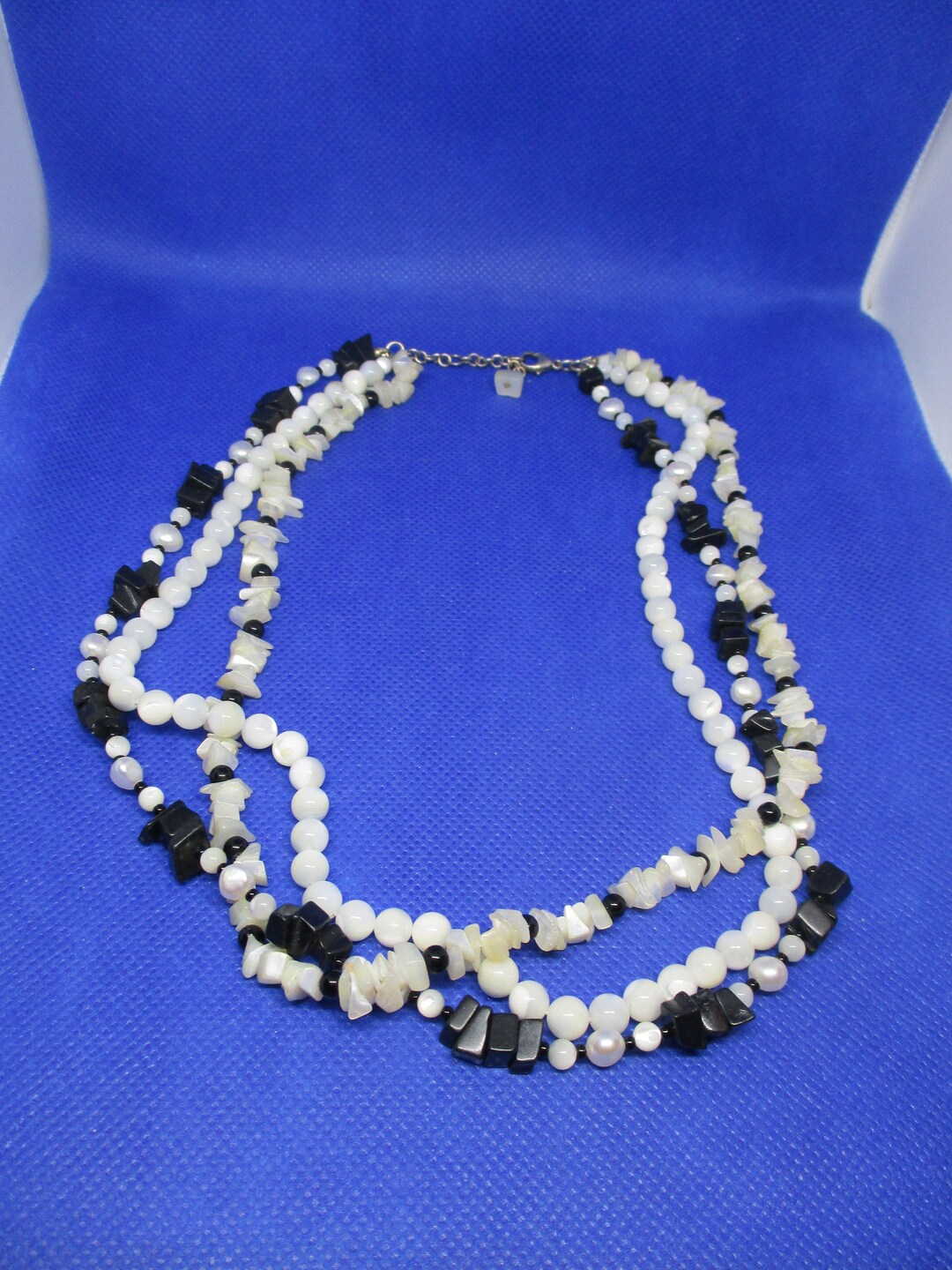 925 STERLING SILVER GENUINE Onyx Pearls Mother of Pearl 3 Strand