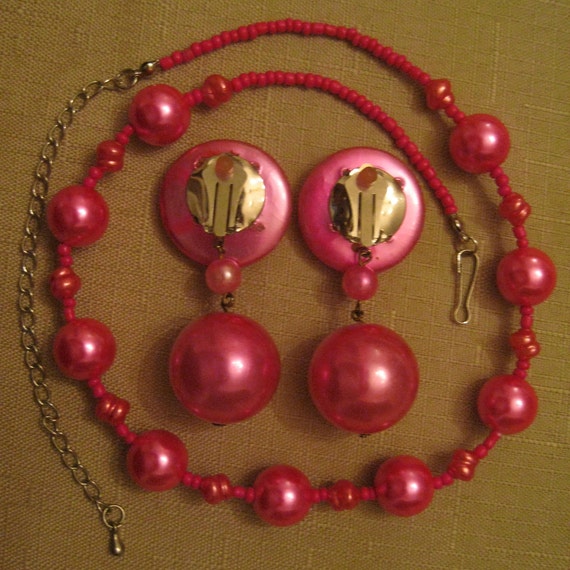 FUSCHIA PEARL Necklace Earring SET Single Strand … - image 8