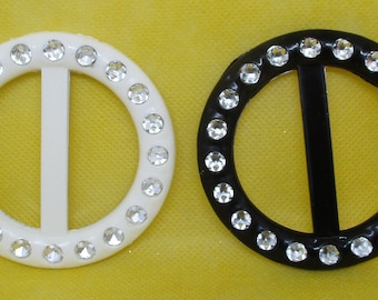 1980&#39;s Plastic & Metal Metallic Silver Enamel Faux Rhinestones Belt Buckles CHOOSE White Or Black Sold Separately Sewing Supply Craft Suppy