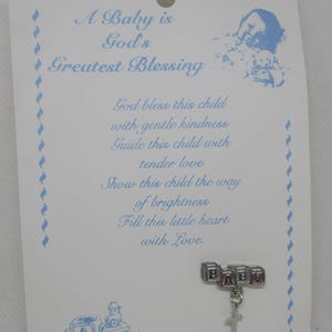 Broche vintage para bebê em cartão de oração original, broche de metal prateado para bebê, broche com cruz pendurada, broche de batismo para bebê, broche religioso, broche cristão