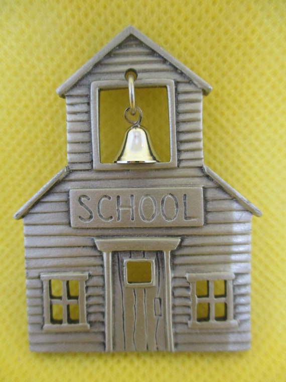 JJ SIGNED SCHOOL House Brooch W Moving Bell Pewte… - image 2