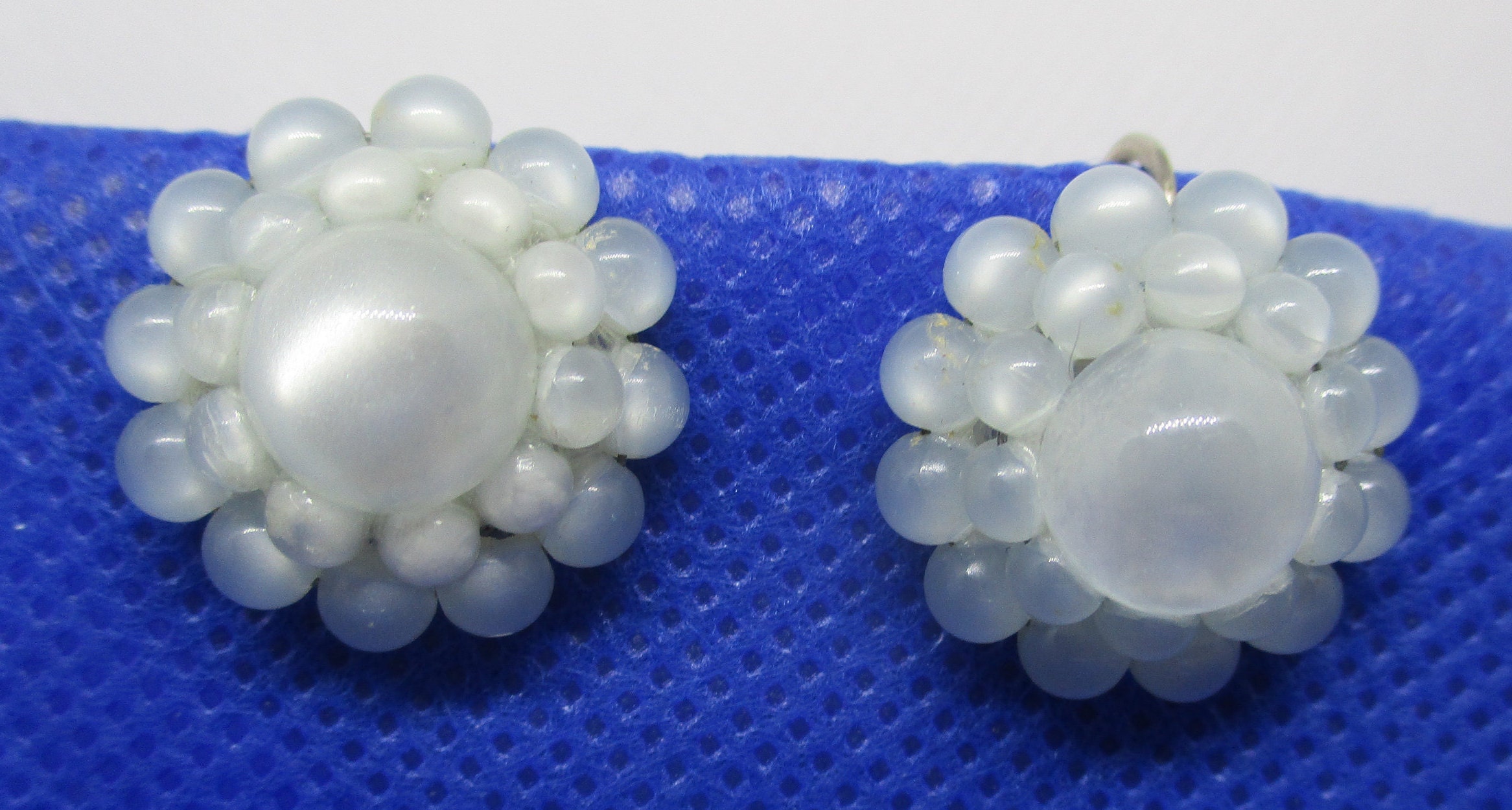 Vintage Moonglow Button Earrings: Blue Lavender Beaded, Silver Tone, 1950s