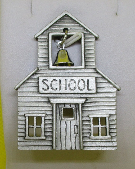 JJ SIGNED SCHOOL House Brooch W Moving Bell Pewte… - image 3