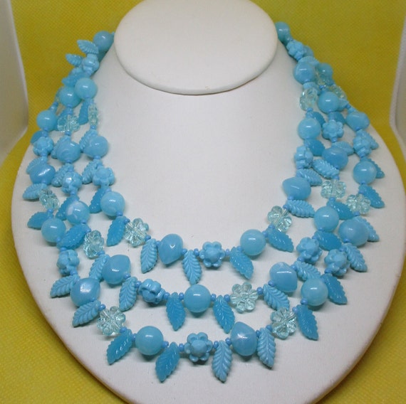 SIGNED W GERMANY NECKLACE Triple Strand Blue Flow… - image 2