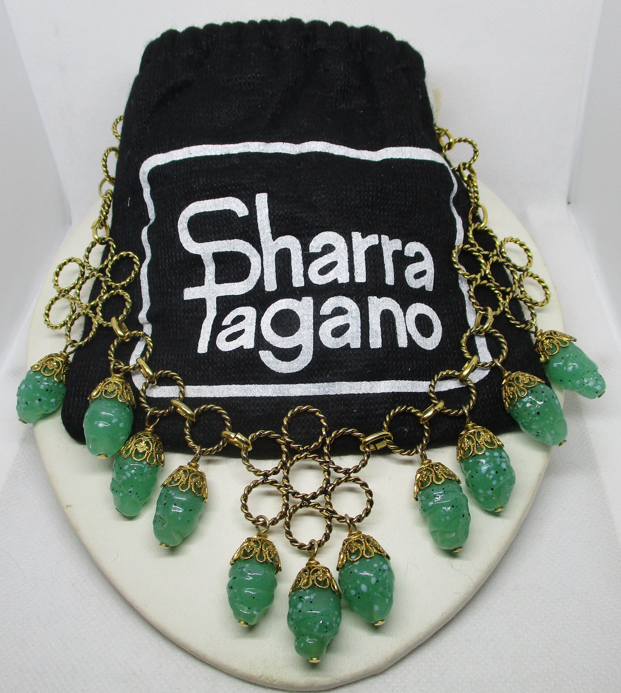SHARRA PAGANO NECKLACE Green Robin Egg Glass Beads Gold Tone
