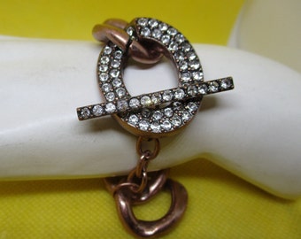 Large Copper Tone Link Bracelet: Rhinestone Toggle Clasp, 7.5 Inch