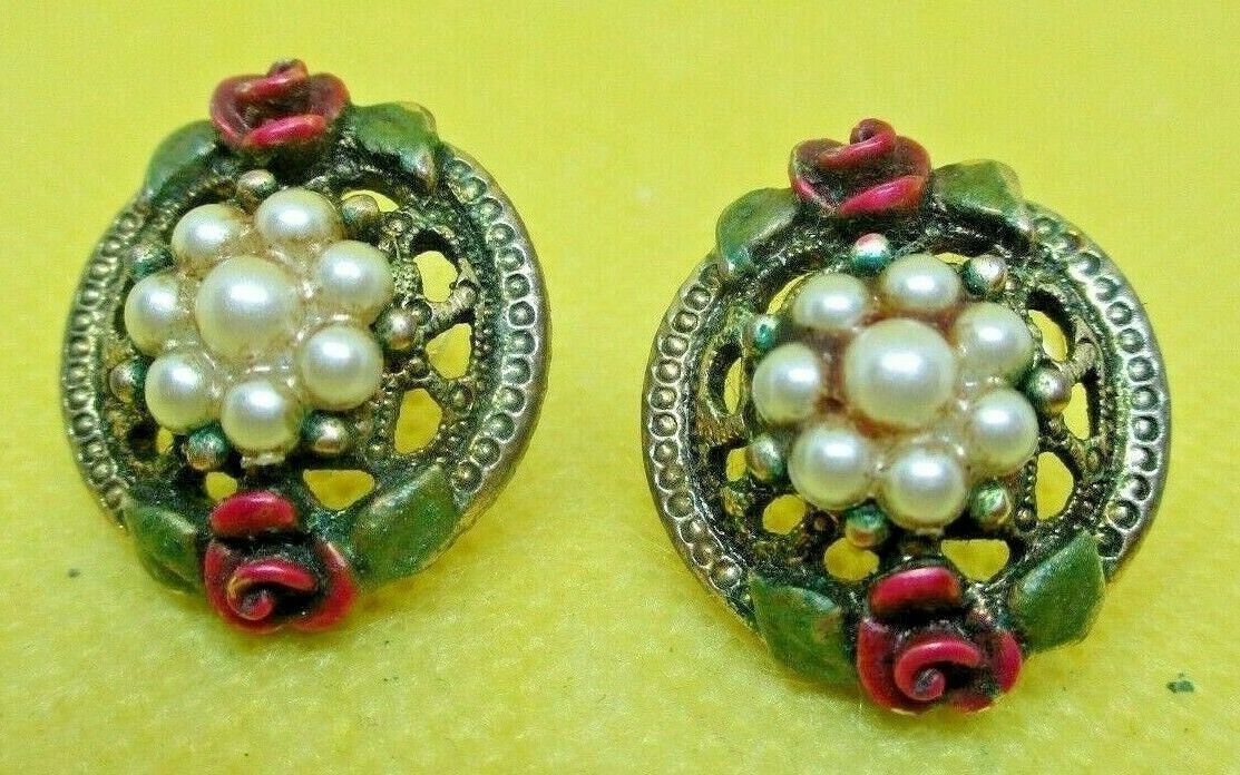 1928 Rose Pearl Pieced Earrings 1928 Red Roses Faux Pearl Antiqued Brass Tone Pierced Earring 1928 Enamel Flower Pearl Pierced Earrings