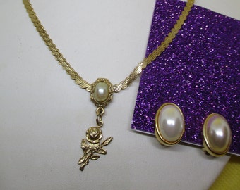 1928 Faux Pearl Rose Pendant Necklace Faux Pearl Clip On Earrings Chain Necklace Oval Pearl Rose Pendant Oval Pearl Earring SOLD SEPARATELY