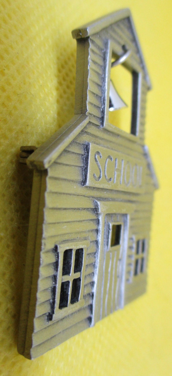 JJ SIGNED SCHOOL House Brooch W Moving Bell Pewte… - image 5