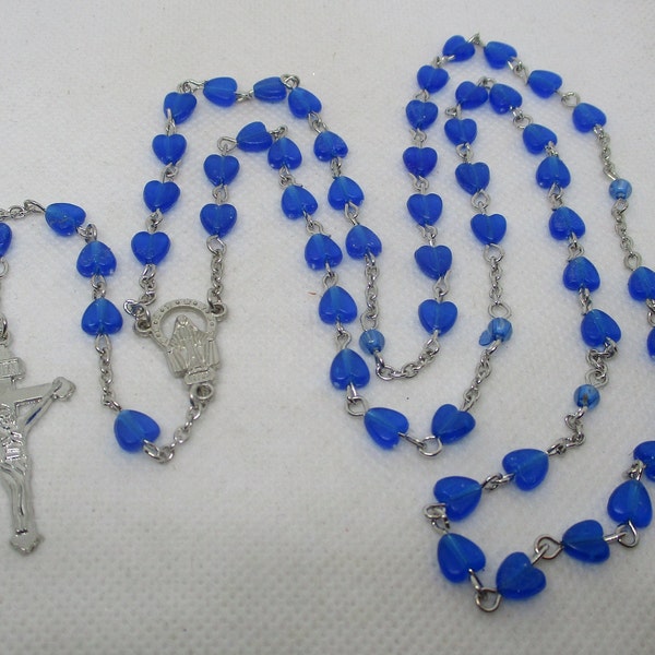 Blue Heart Silver Rosary Royal Blue Clear Lucite Hearts Beaded Rosary Silver Tone Metal Crucifix / Cross Silvertone Oval Mary Medal & Chains