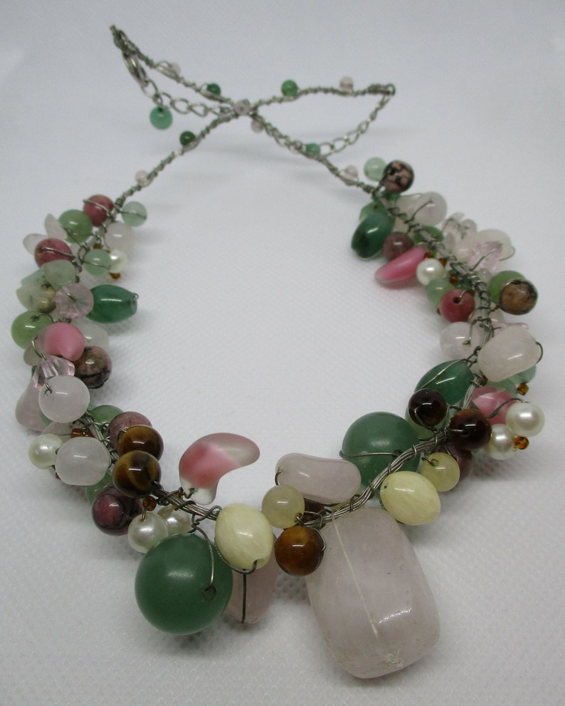 Green Onyx Jade Tiger Eye Rose Quartz Pearl Necklace Multi Etsy