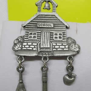 Vintage Lindsay Claire Designs Pewter Schoolhouse Dangle Brooch
