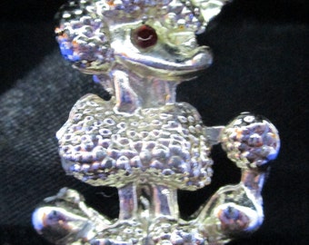 Rhinestone Silver Tone Metal French Poodle Brooch Black Rhinestone Eye Silver Tone Bow In Hair Poodle Brooch Vintage 1980's