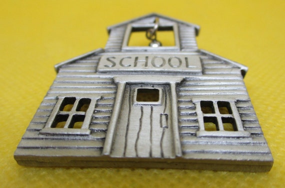 JJ SIGNED SCHOOL House Brooch W Moving Bell Pewte… - image 6
