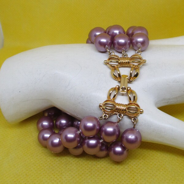 Vtg. MARVELLA PEARL BRACELET Triple Strand Lavender Purple Knotted Faux Pearl Bracelet Ornate Gold Tone Metal Clasp Marvella Pearl Bracelet