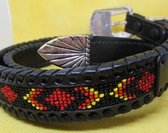 Southwestern Beaded Leather Belt: Sterling Silver Enamel  display picture 1
