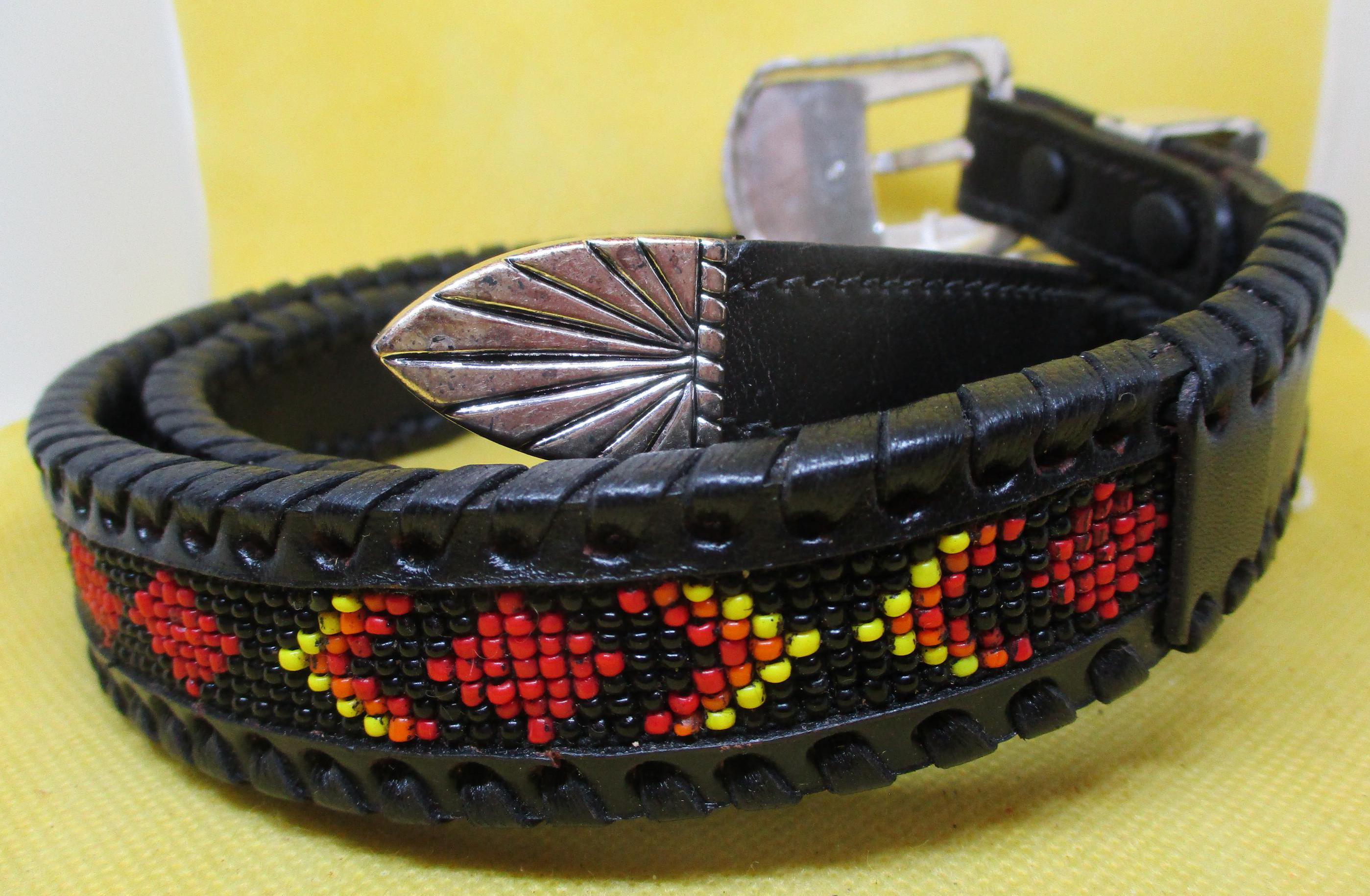 Vintage handmade leather glass Seed Bead southwestern belt size 34 African Polychrome Hand-Tooled Seed Bead Western Belt by Myra Bag  main image 4