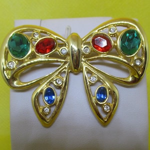 Vintage Colorful Rhinestone Bow Brooch Colorful Rhinestone Brooch Gold Tone Metal Open Work Rhinestone Ribbon Brooch Colorful Pin Never Worn