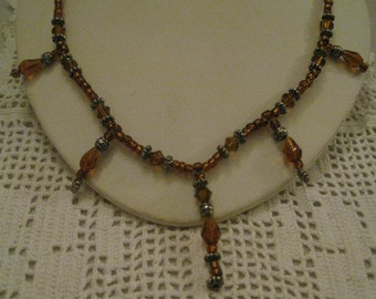 GLASS BROWN  COLORED Beaded Necklace Single Strand Necklace Silver Tone Metal Extension Chain & Lobster Claw Clasp Handcrafted