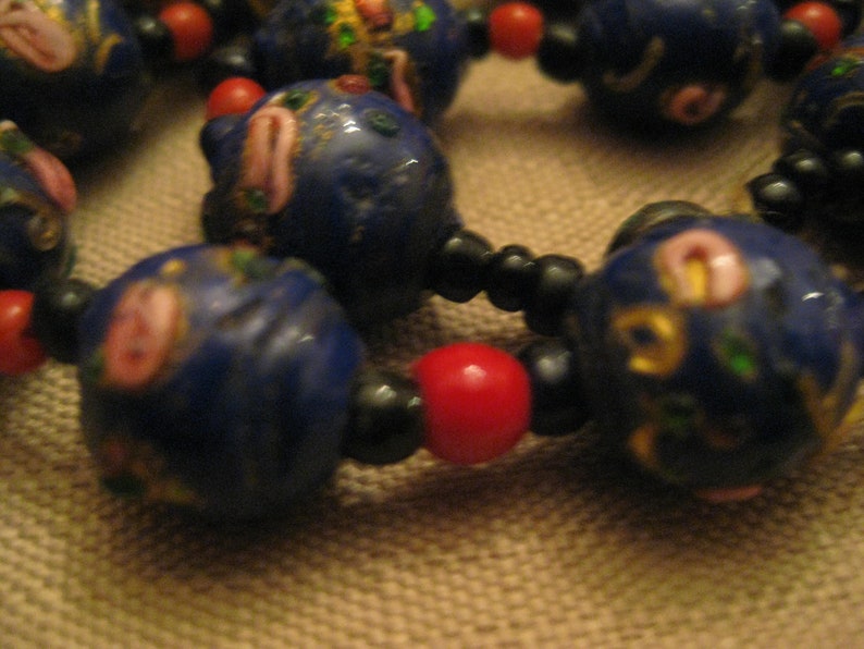 WEDDING CAKE Beaded Necklace Venetian MURANO Glass Navy Blue Colored Bead With Roses Necklace 1930/'s Vintage