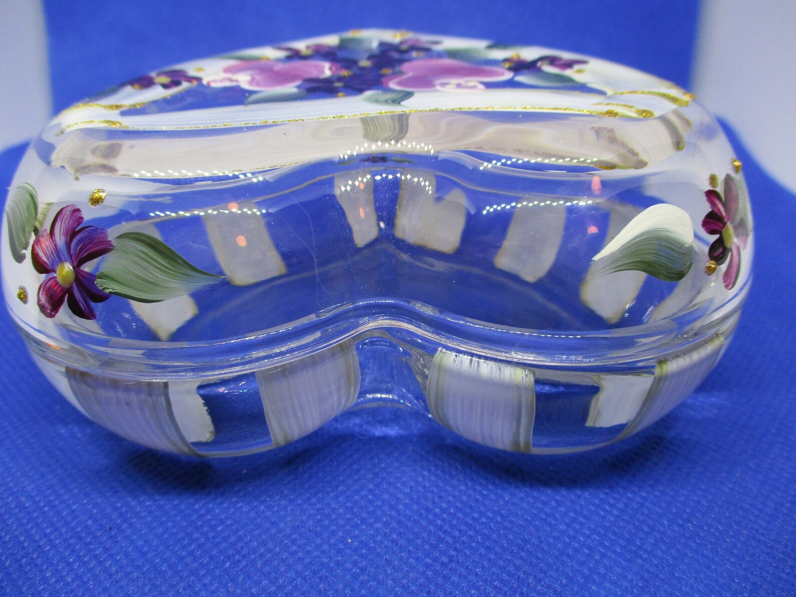 Handpainted Heavy Glass Jewelry Box Violet Floral Jewelry Box