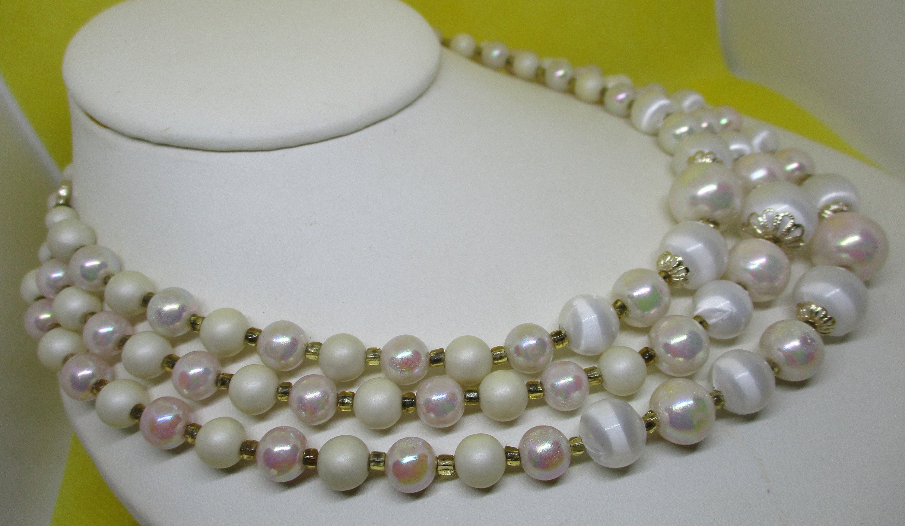 Signed JAPAN Triple Strand Faux Pearl Necklace Aurora Borealis - Etsy