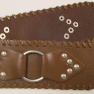 Wide CALVIN KLEIN BELT Brown Genuine Leather SilverTone Metal Belt Buckle SilverTone Metal Rivets Large O Rings Leather Sewn Edge Size Large