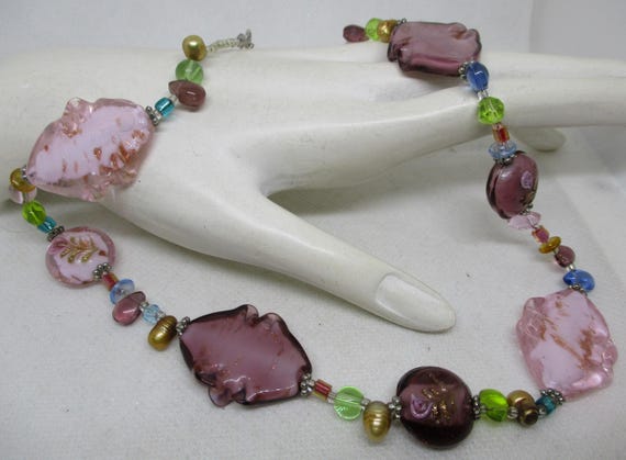 Vintage Murano Glass Rose Bead Necklace: Pearls, Topaz, Peridot