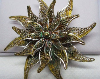 925 STERLING SILVER GOLD Plated Filigree Flower Brooch Open Work Textured Brooch Vintage 1950's