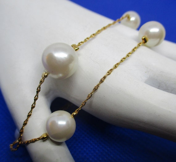 Park Lane Faux Pearl Bracelet: Double Strand Gold Tone Chain, Signed PL