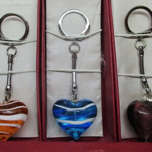 MURANO GLASS Keyrings Murano Glass Heart Keychains Murano Glass Swirled Glass Puffed Heart Keyrings In Original Giftbox Silver Tone Metal image 9