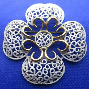 Vintage Enamel Flower Brooch White Enamel Gold Tone Metal Open Filigree Work Brooch Vintage 1980&#39;s