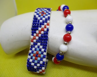 2 Red White Blue Stretch Bead Bracelet Red White Blue Turquoise Seed Bead Woven Bracelet Red White Blue Silver Bead Bracelet Patriot Jewelry