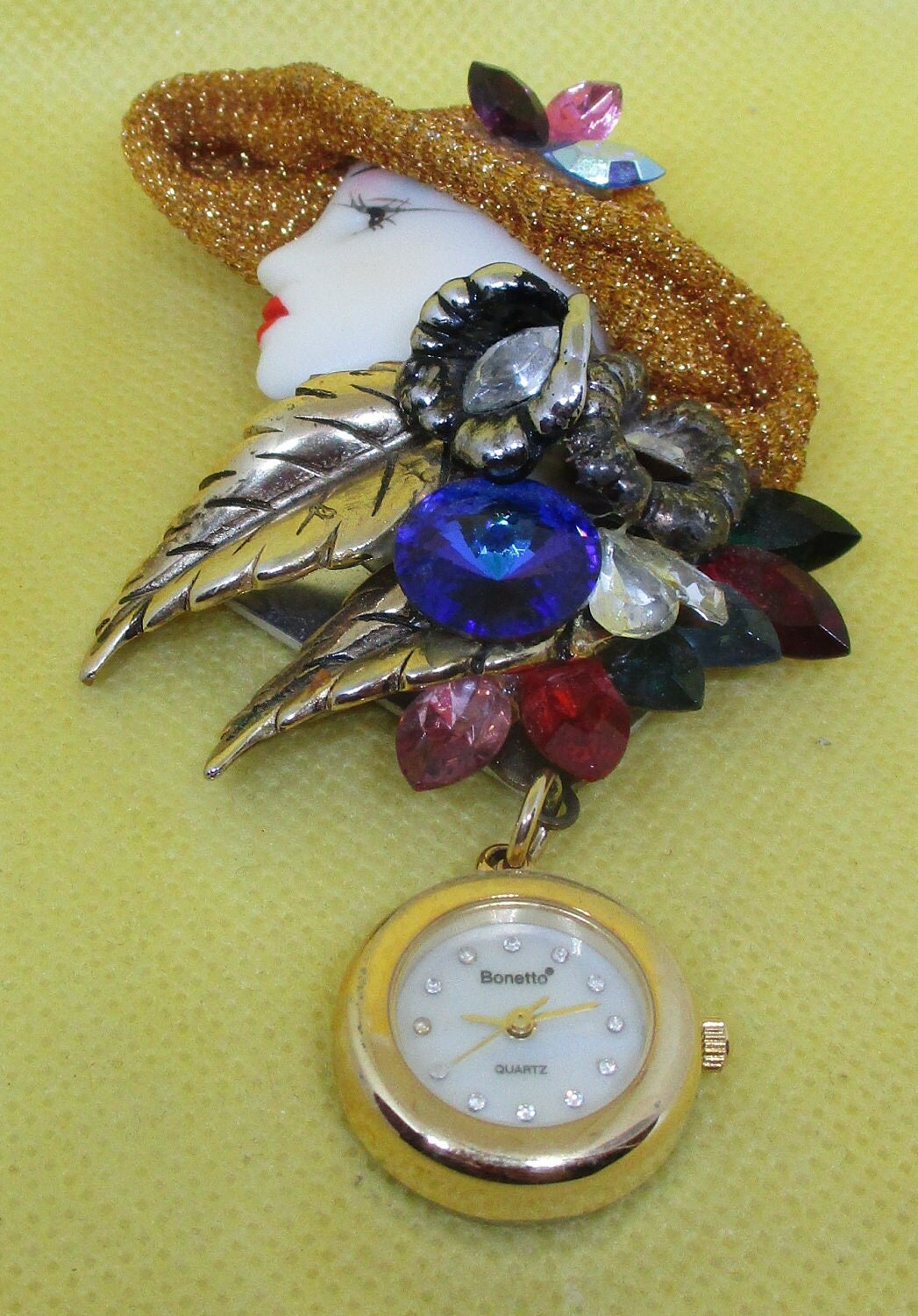 Vintage Bonetto Quartz Watch Brooch Painted Face Rhinestone Statement Pin Vintage Bonetto Watch Brooch: Rhinestone Rivoli, Gold Tone  main image 4