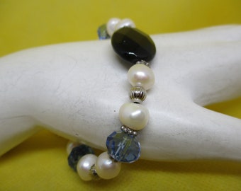 Freshwater Pearl Crystal Bracelet: Blue Crystal, Black Glass Bead, Toggle Clasp