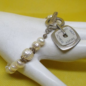Vintage Mother of Pearl Charm Bracelet: Silver Tone Toggle Clasp, Inspirational