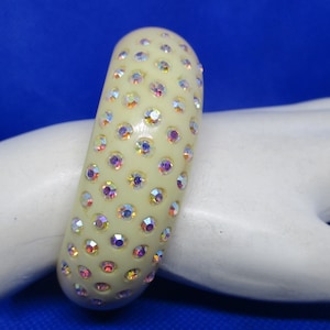 Vintage Weiss AB Rhinestone Clamper Bracelet: 1950s Cream Celluloid Cuff