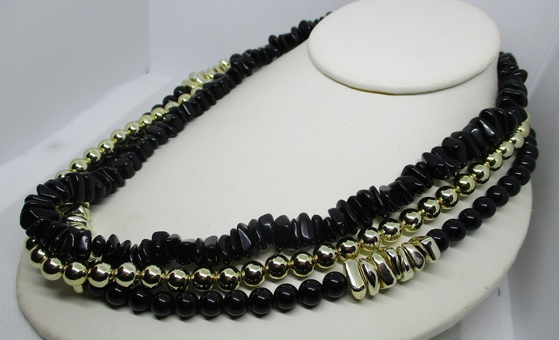 Genuine Lucite Necklace LUCITE Triple Strand Black & Metallic Etsy