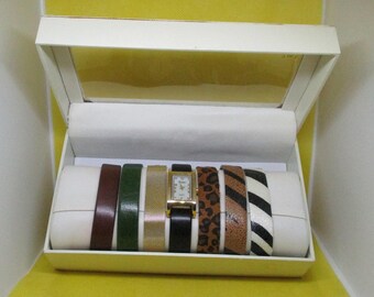 VIVANI Uhr 7 AUSTAUSCHBARE UHRBÄNDER Damen Goldfarbene Metalluhr Set 1 Gold Metal Mesh 3 Wildleder Animal Print 3 Leder In Geschenkboxed