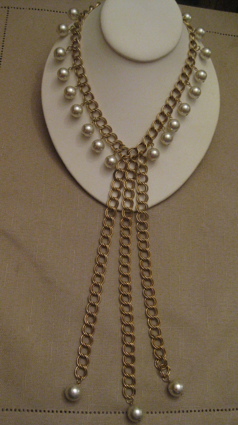 SIGNED PARK LANE Triple Large Chain Links Cascade Dangle Bib Pendant Faux Pearl Chain Link Necklace Beaded Necklace Vintage 1970/'s