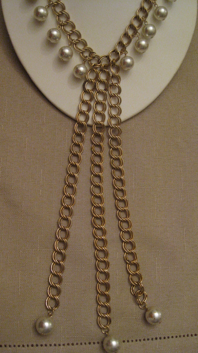 SIGNED PARK LANE Triple Large Chain Links Cascade Dangle Bib Pendant Faux Pearl Chain Link Necklace Beaded Necklace Vintage 1970/'s