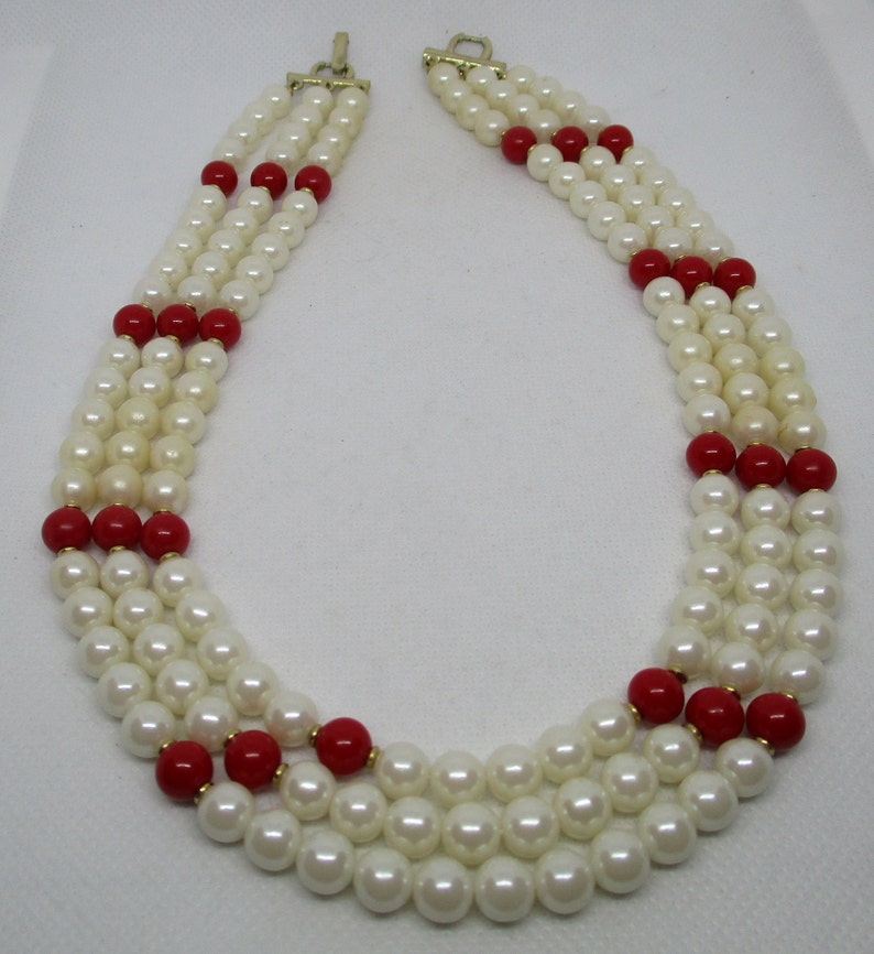 3 Strand Pearl Necklace Triple Strand Faux Pearl Red Plastic - Etsy